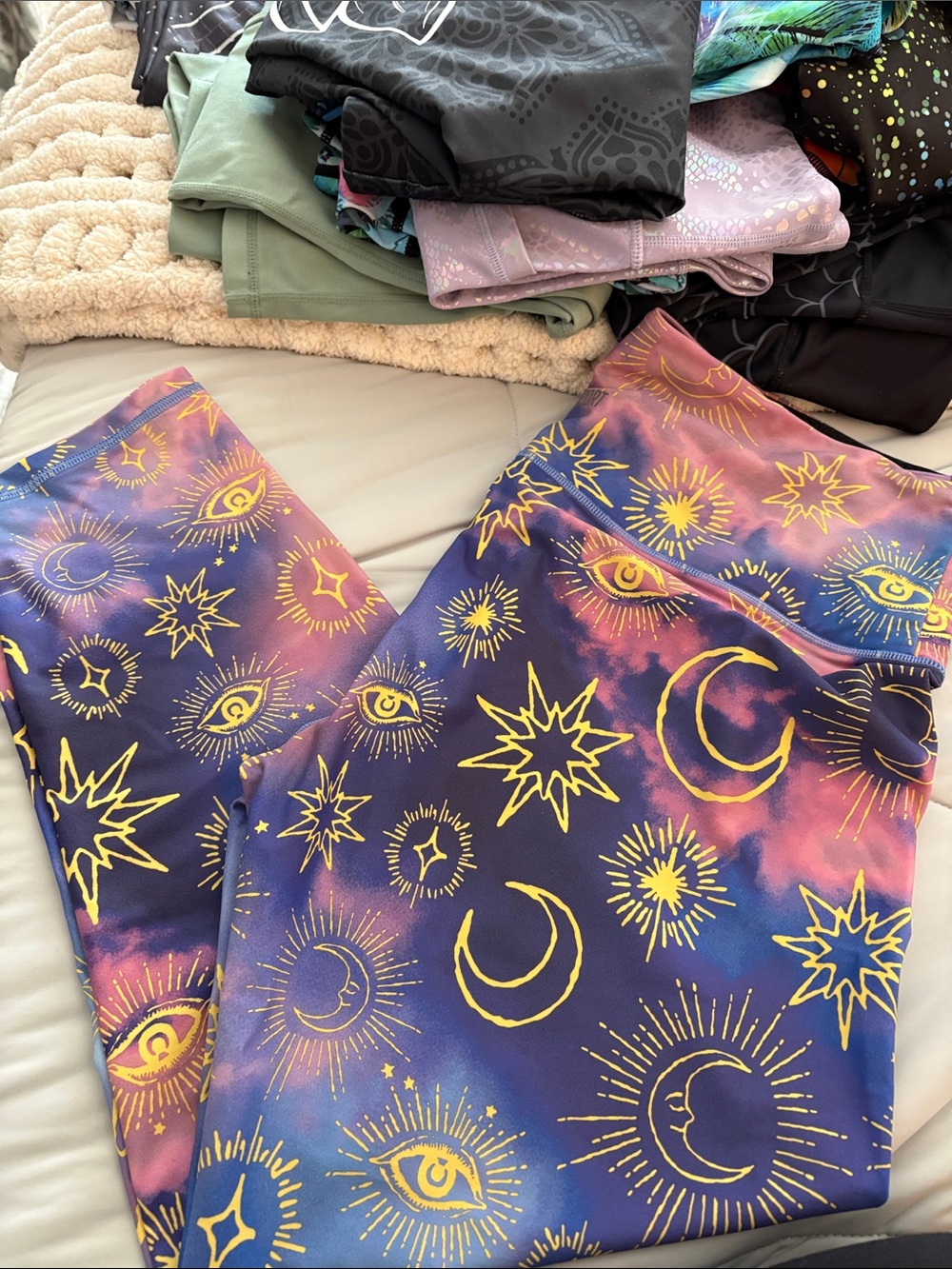Celestial Print Capri Leggings in Purple & Pink with Gold Accents